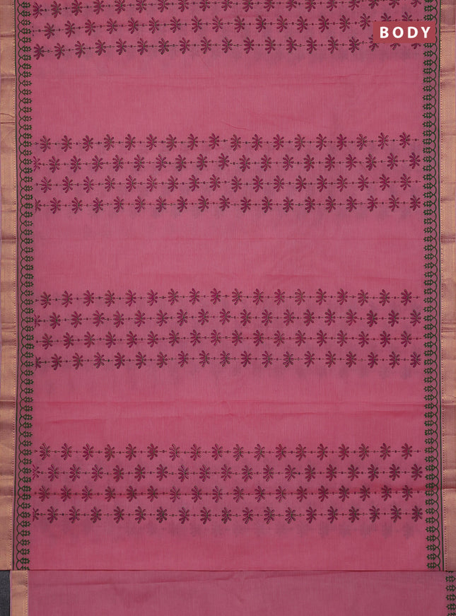 Mangalagiri cotton block printed saree mild peach pink with prints and mangalgiri border