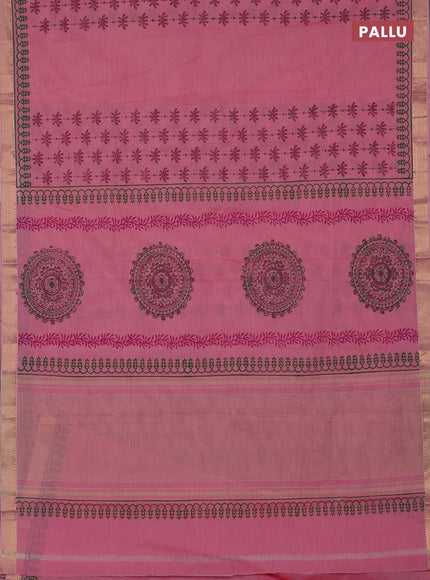 Mangalagiri cotton block printed saree mild peach pink with prints and mangalgiri border