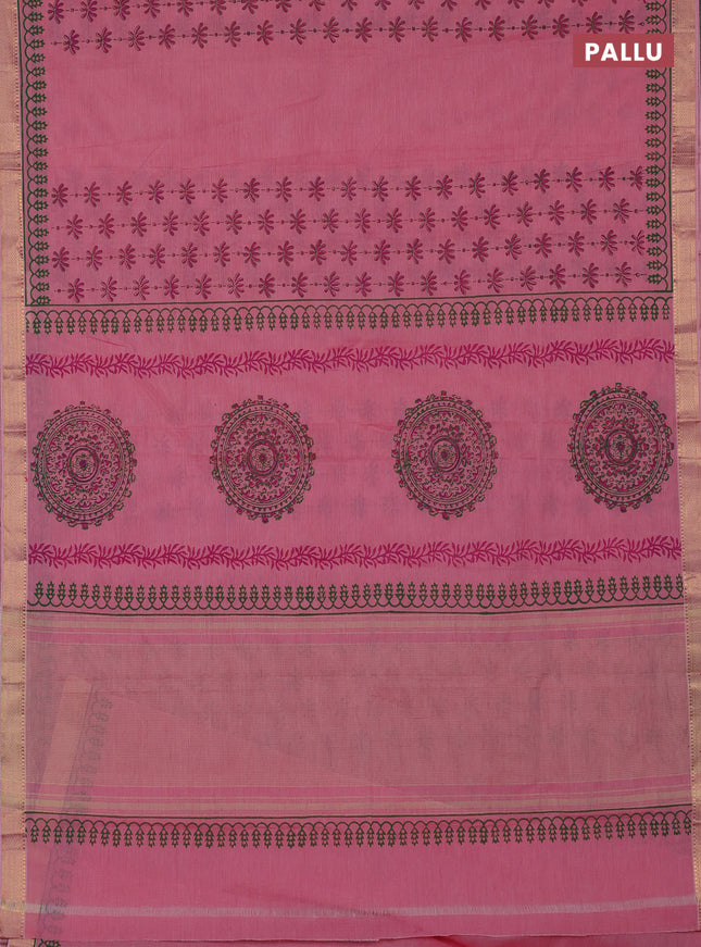 Mangalagiri cotton block printed saree mild peach pink with prints and mangalgiri border