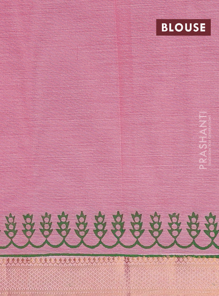 Mangalagiri cotton block printed saree mild peach pink with prints and mangalgiri border