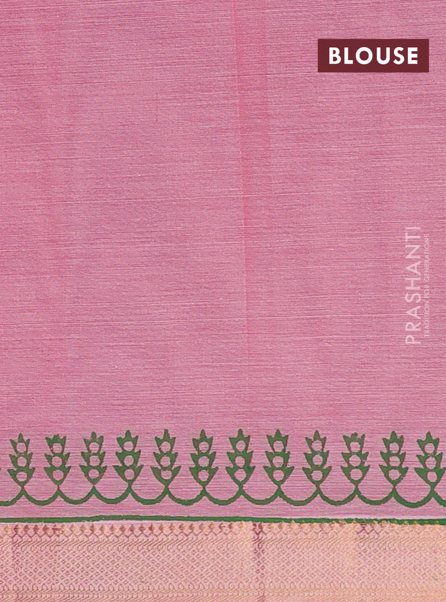 Mangalagiri cotton block printed saree mild peach pink with prints and mangalgiri border