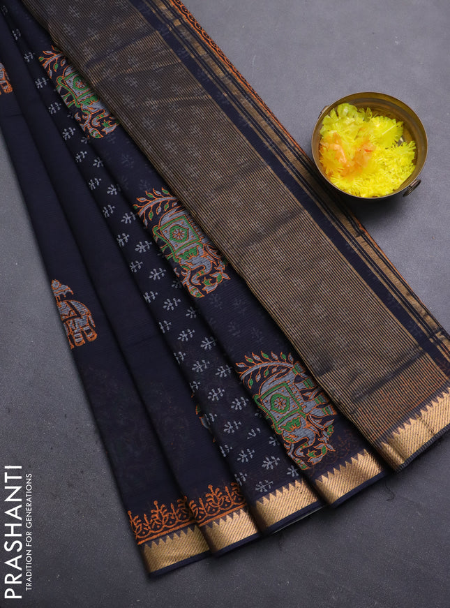 Mangalagiri cotton block printed saree black with butta prints and mangalgiri border