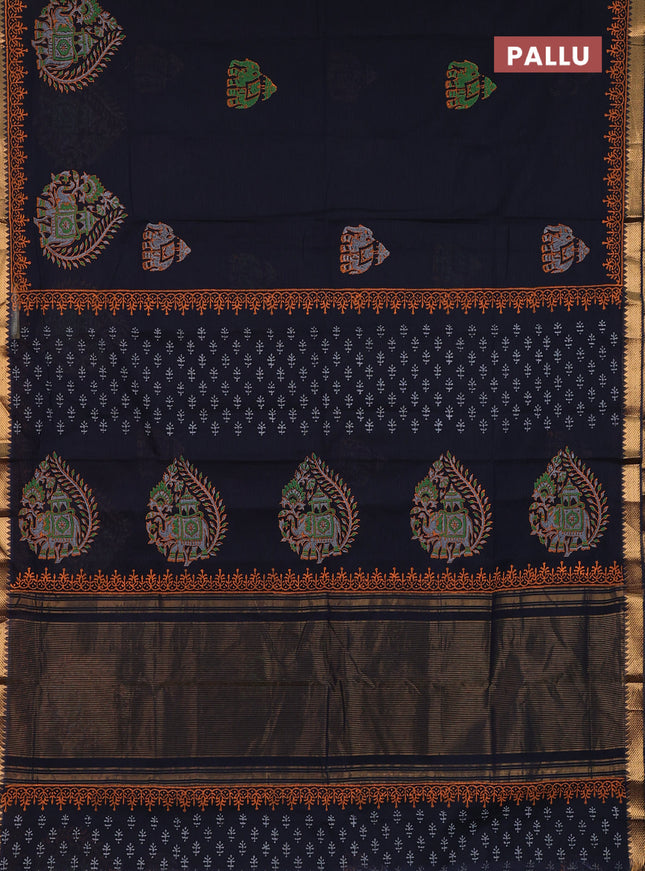 Mangalagiri cotton block printed saree black with butta prints and mangalgiri border