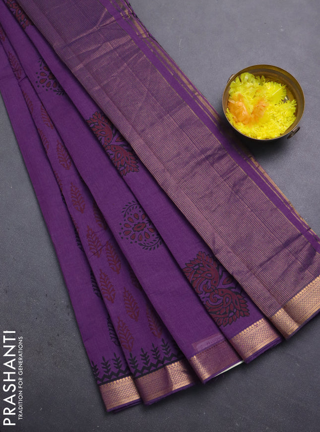 Mangalagiri cotton block printed saree purple with allover butta prints and mangalgiri border