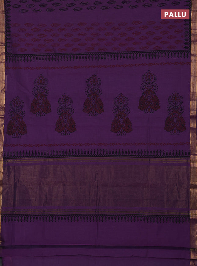 Mangalagiri cotton block printed saree purple with allover butta prints and mangalgiri border