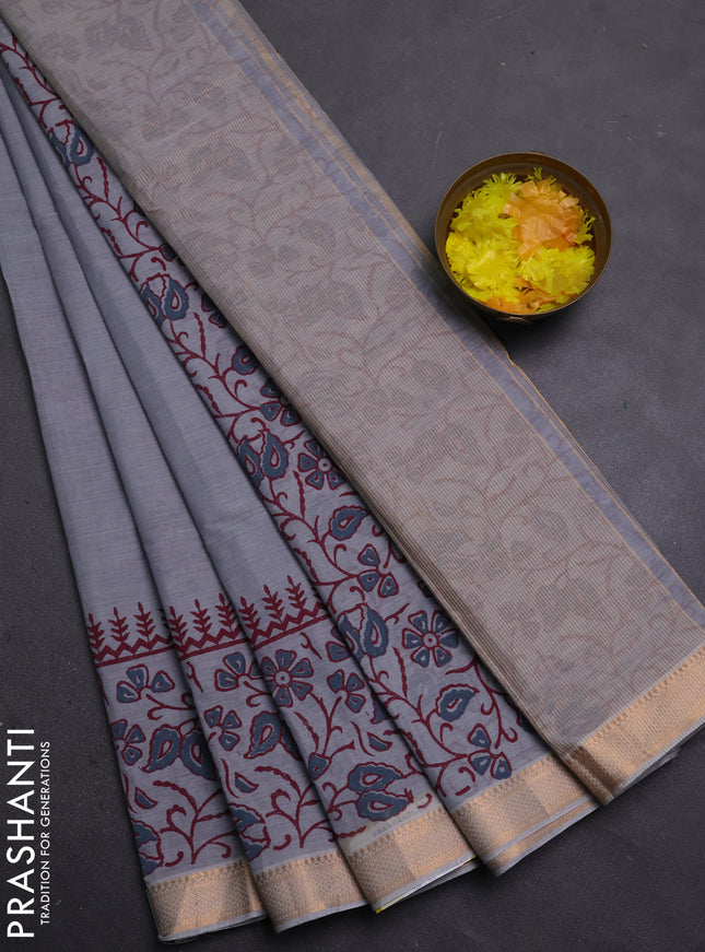 Mangalagiri cotton block printed saree pastel grey with butta prints and mangalgiri border