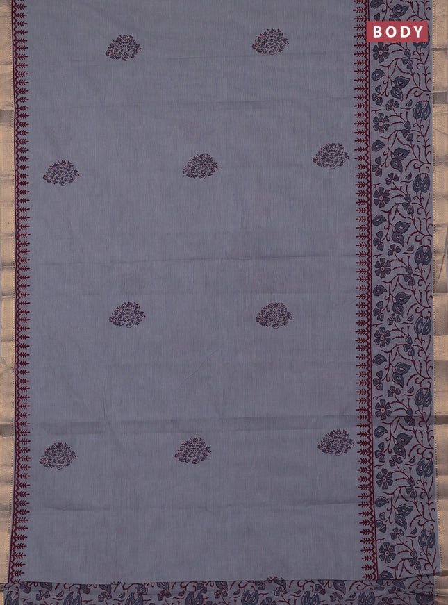 Mangalagiri cotton block printed saree pastel grey with butta prints and mangalgiri border