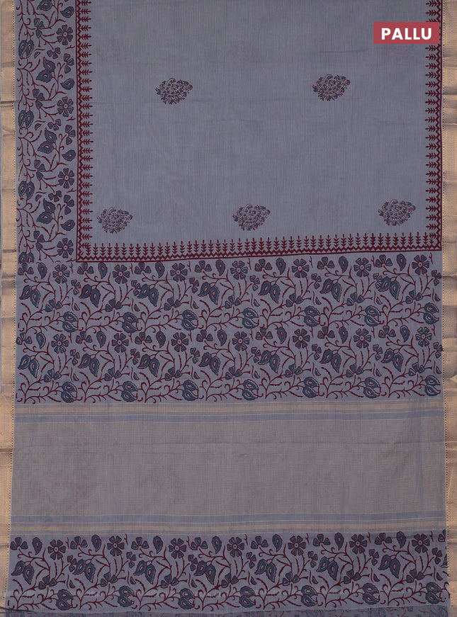 Mangalagiri cotton block printed saree pastel grey with butta prints and mangalgiri border