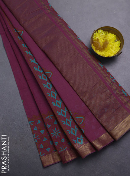 Mangalagiri cotton block printed saree magenta pink with butta prints and mangalgiri border