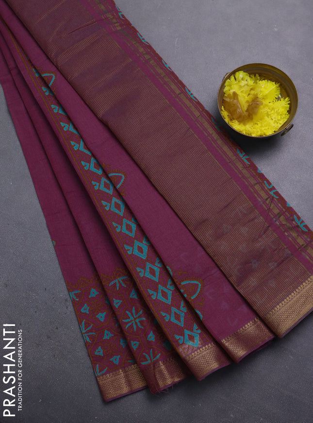 Mangalagiri cotton block printed saree magenta pink with butta prints and mangalgiri border
