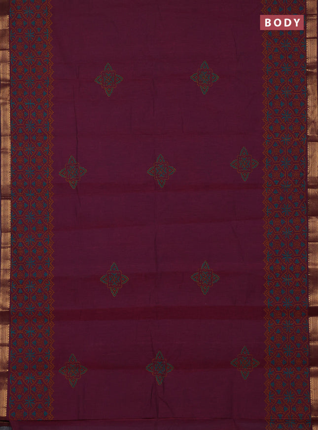 Mangalagiri cotton block printed saree magenta pink with butta prints and mangalgiri border