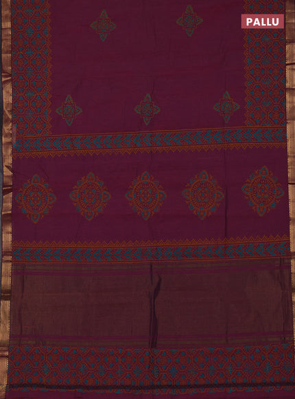 Mangalagiri cotton block printed saree magenta pink with butta prints and mangalgiri border