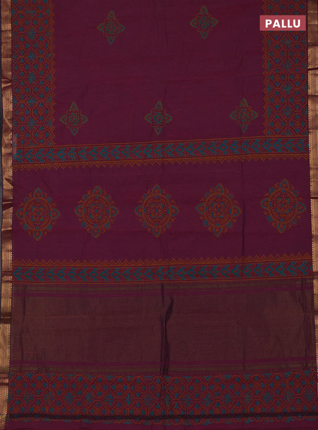 Mangalagiri cotton block printed saree magenta pink with butta prints and mangalgiri border