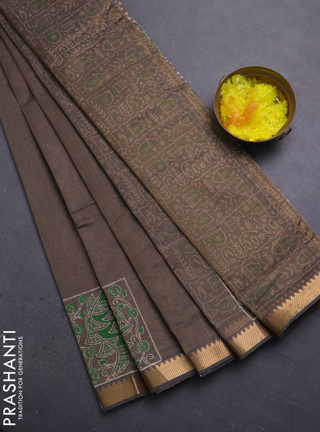 Mangalagiri cotton block printed saree pastel brown with butta prints and mangalgiri border
