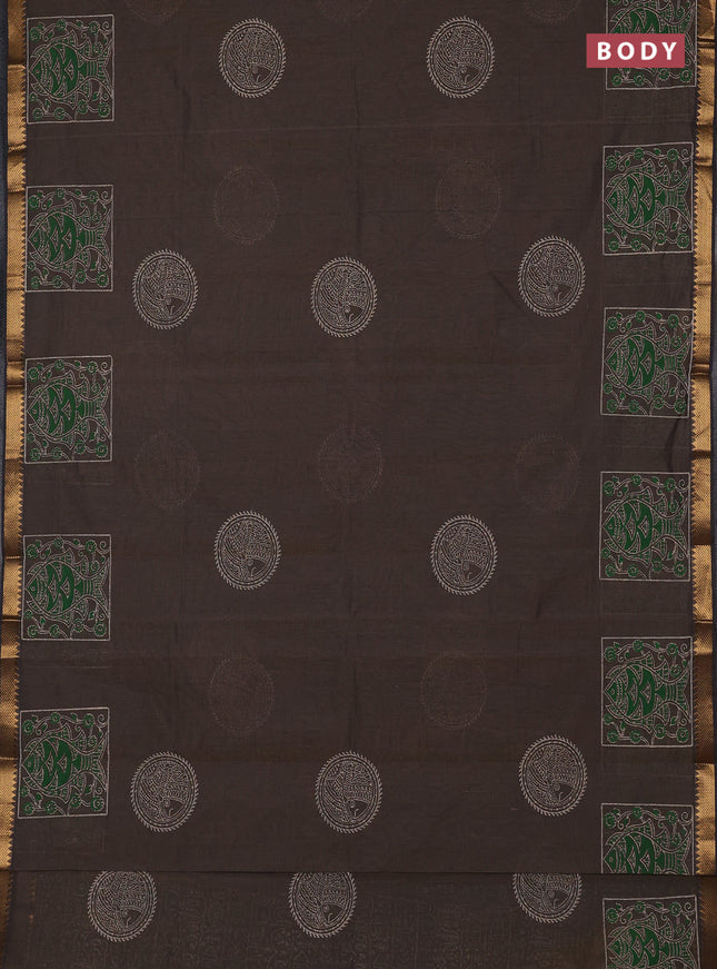 Mangalagiri cotton block printed saree pastel brown with butta prints and mangalgiri border