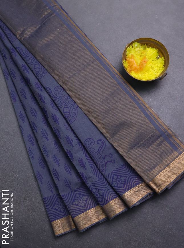 Mangalagiri cotton block printed saree dark grey with allover butta prints and mangalgiri border