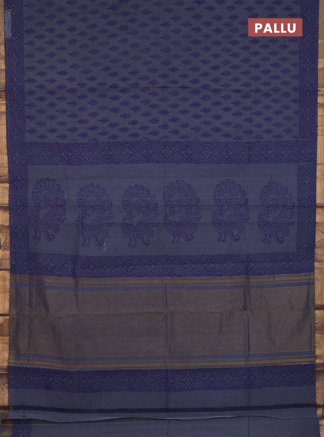 Mangalagiri cotton block printed saree dark grey with allover butta prints and mangalgiri border