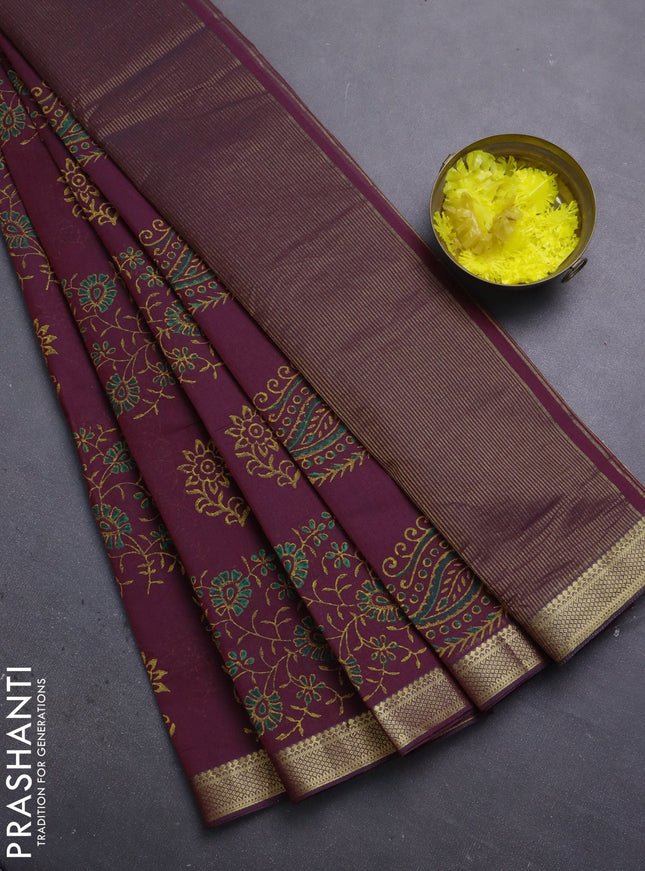 Mangalagiri cotton block printed saree maroon with allover prints and mangalgiri border
