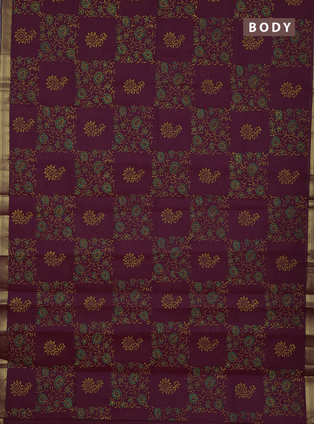 Mangalagiri cotton block printed saree maroon with allover prints and mangalgiri border