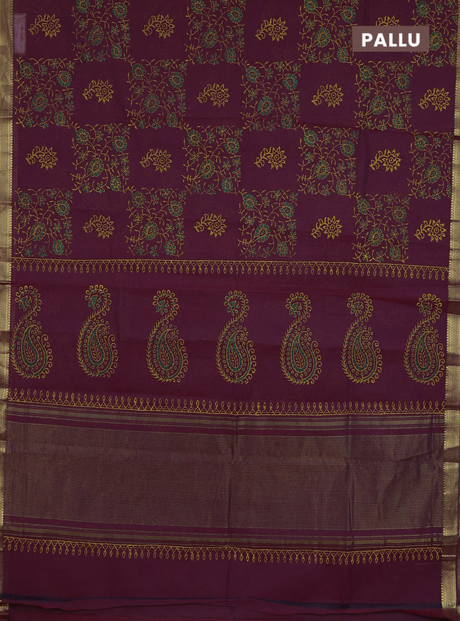 Mangalagiri cotton block printed saree maroon with allover prints and mangalgiri border