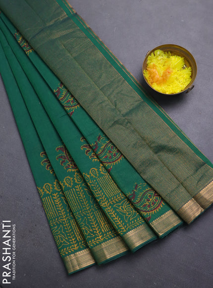 Mangalagiri cotton block printed saree green with butta prints and mangalgiri border
