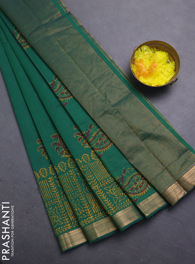 Mangalagiri cotton block printed saree green with butta prints and mangalgiri border