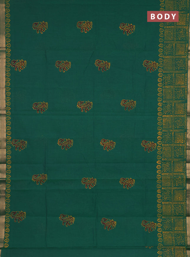Mangalagiri cotton block printed saree green with butta prints and mangalgiri border