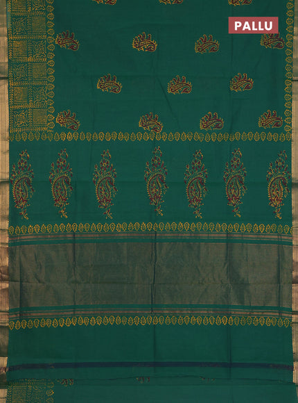 Mangalagiri cotton block printed saree green with butta prints and mangalgiri border