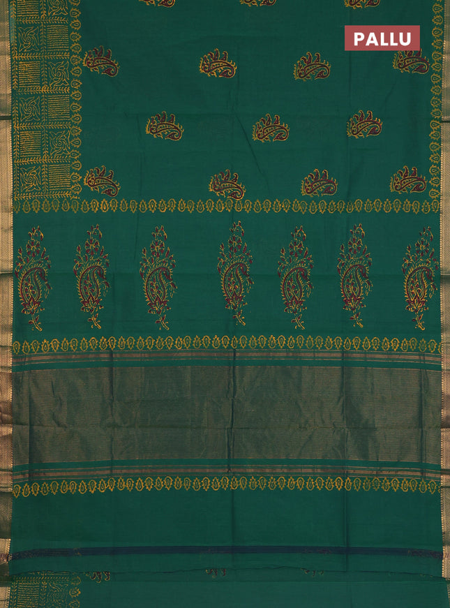 Mangalagiri cotton block printed saree green with butta prints and mangalgiri border