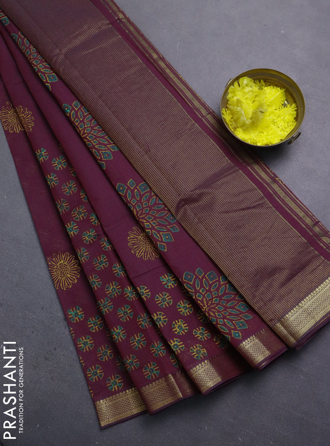 Mangalagiri cotton block printed saree maroon with butta prints and mangalgiri border