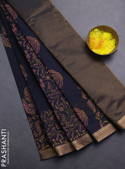 Mangalagiri cotton block printed saree black with allover prints and mangalgiri border