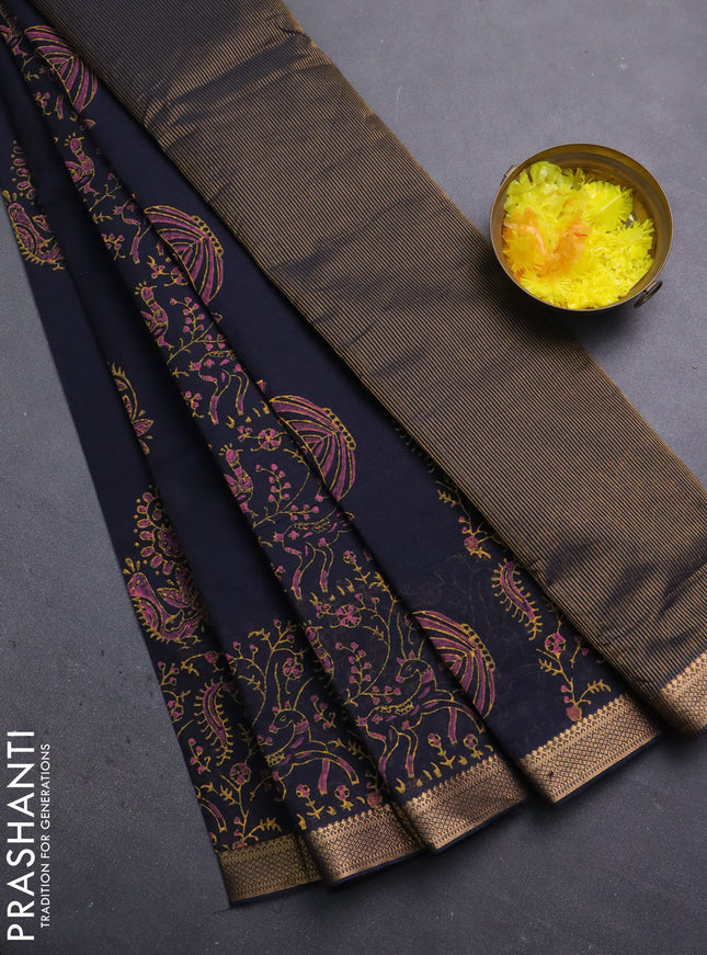 Mangalagiri cotton block printed saree black with allover prints and mangalgiri border