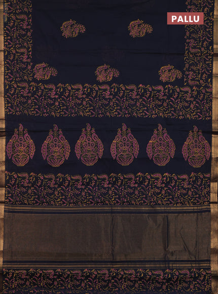 Mangalagiri cotton block printed saree black with allover prints and mangalgiri border
