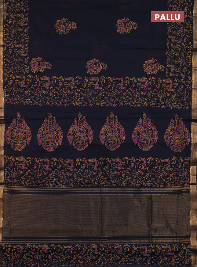 Mangalagiri cotton block printed saree black with allover prints and mangalgiri border