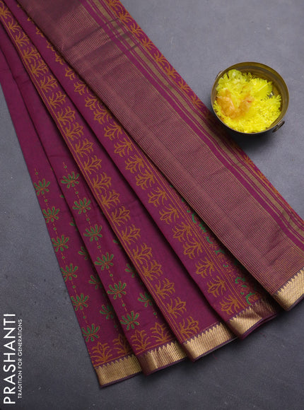 Mangalagiri cotton block printed saree magenta pink with allover prints and mangalgiri border