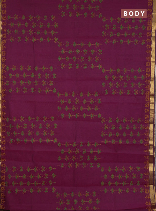 Mangalagiri cotton block printed saree magenta pink with allover prints and mangalgiri border