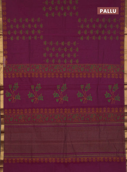 Mangalagiri cotton block printed saree magenta pink with allover prints and mangalgiri border