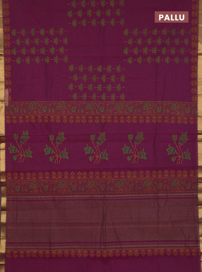 Mangalagiri cotton block printed saree magenta pink with allover prints and mangalgiri border
