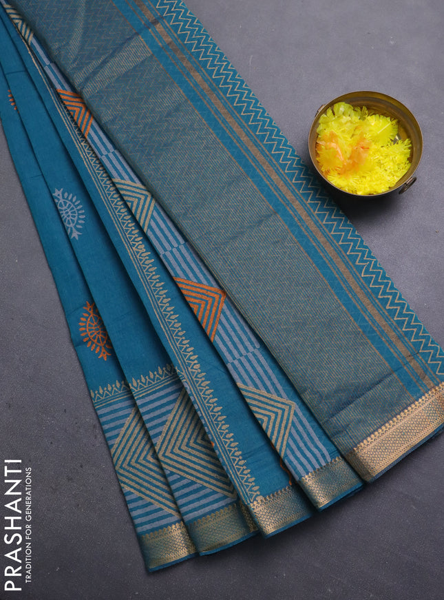 Mangalagiri cotton block printed saree peacock green with butta prints and mangalgiri border