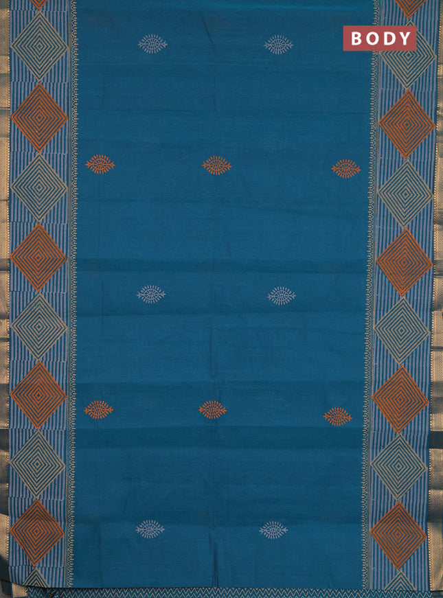 Mangalagiri cotton block printed saree peacock green with butta prints and mangalgiri border