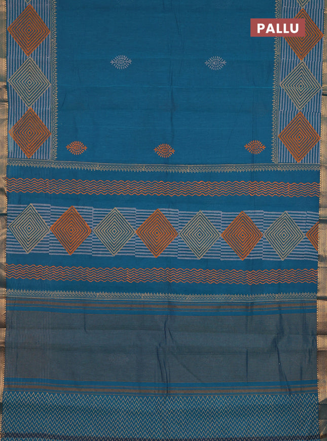 Mangalagiri cotton block printed saree peacock green with butta prints and mangalgiri border