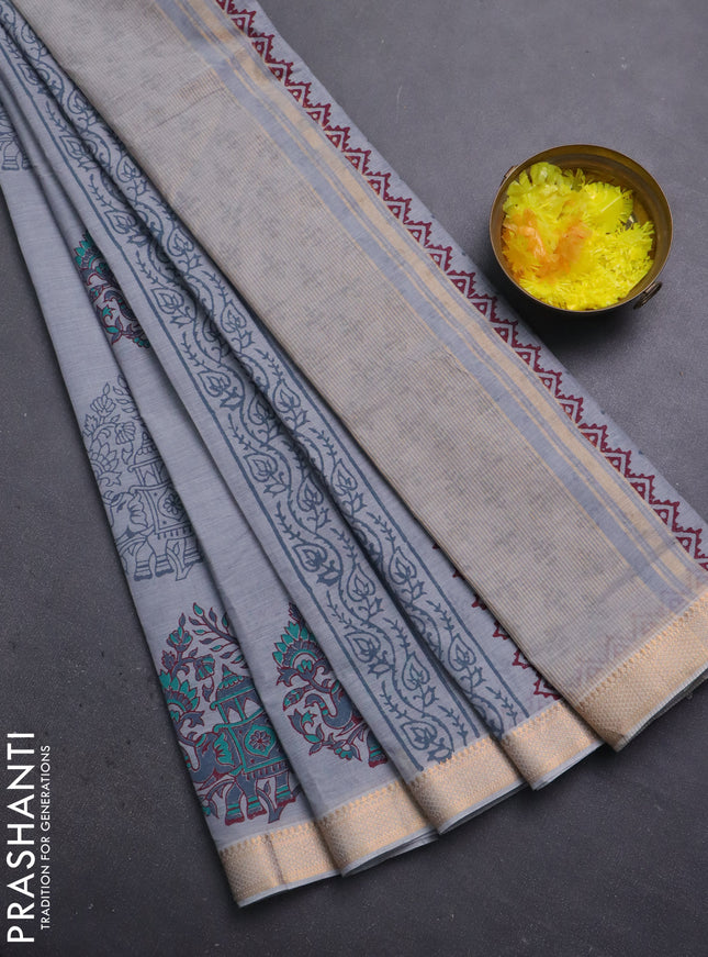 Mangalagiri cotton block printed saree grey with butta prints and mangalgiri border