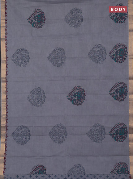 Mangalagiri cotton block printed saree grey with butta prints and mangalgiri border
