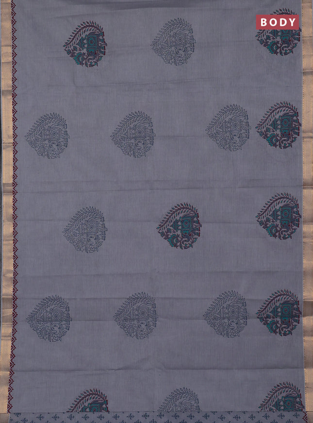 Mangalagiri cotton block printed saree grey with butta prints and mangalgiri border