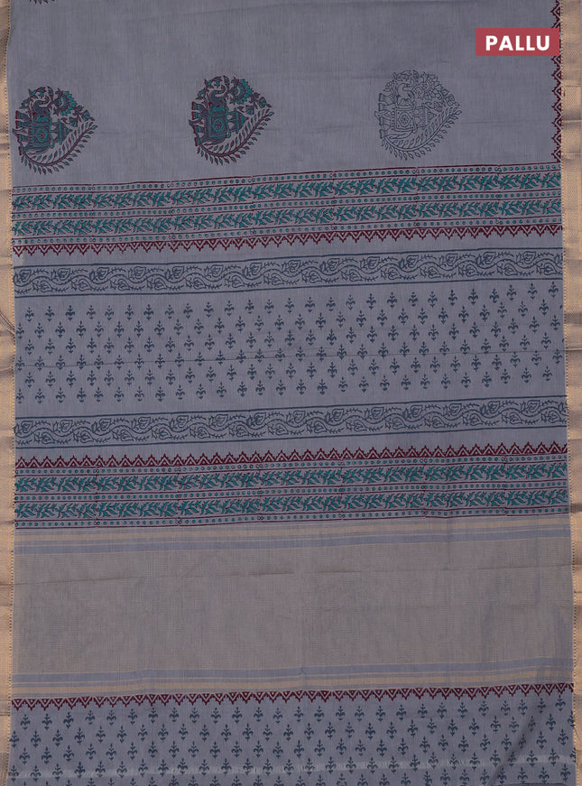 Mangalagiri cotton block printed saree grey with butta prints and mangalgiri border