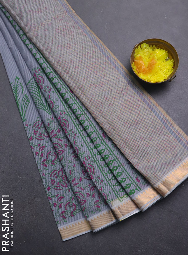 Mangalagiri cotton block printed saree grey with butta prints and mangalgiri border