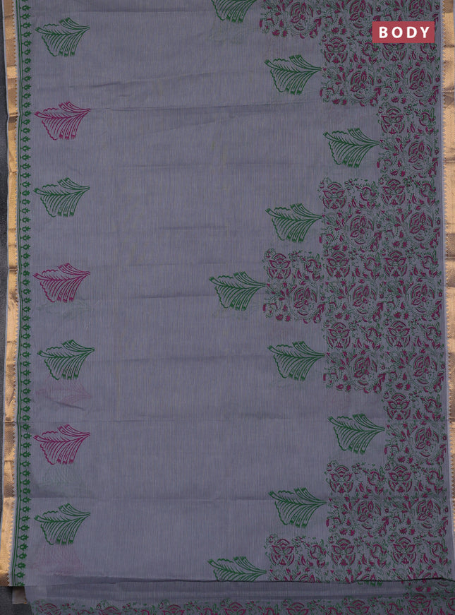 Mangalagiri cotton block printed saree grey with butta prints and mangalgiri border
