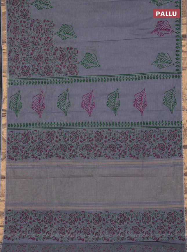 Mangalagiri cotton block printed saree grey with butta prints and mangalgiri border