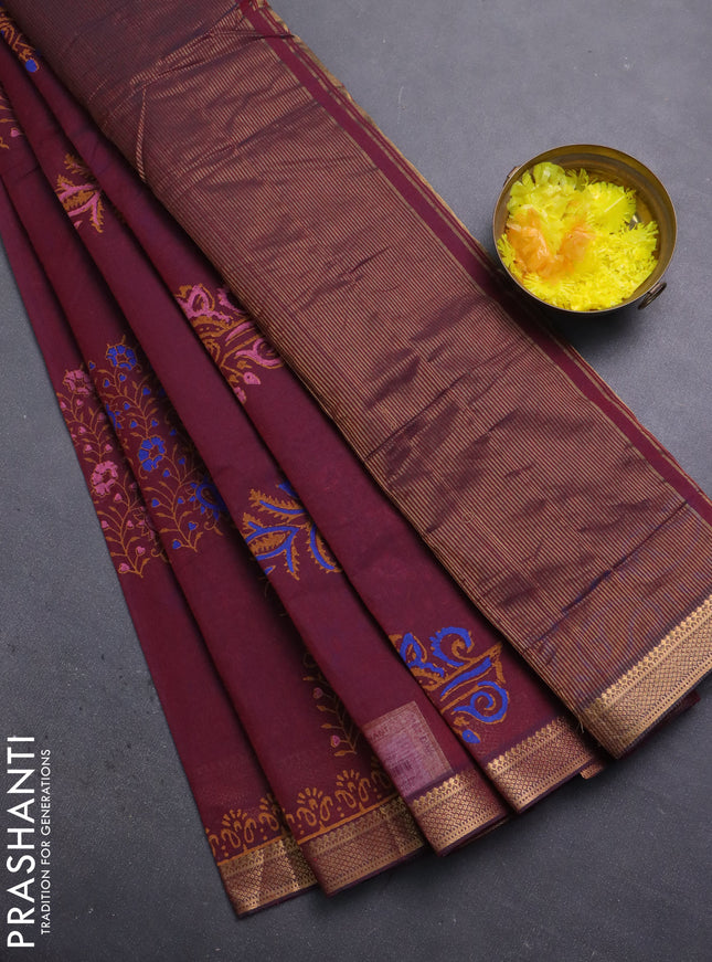 Mangalagiri cotton block printed saree maroon with allover prints and mangalgiri border