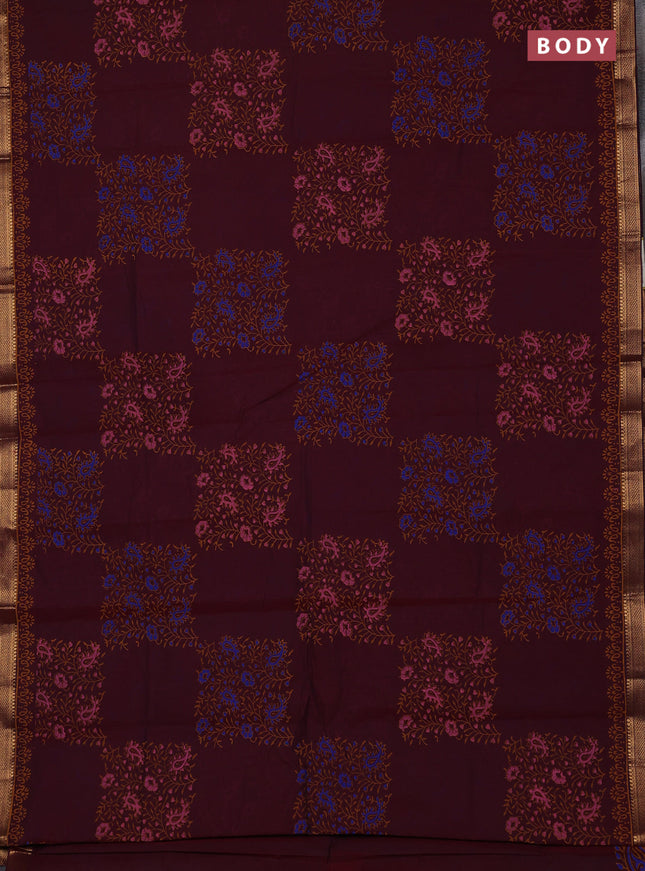 Mangalagiri cotton block printed saree maroon with allover prints and mangalgiri border